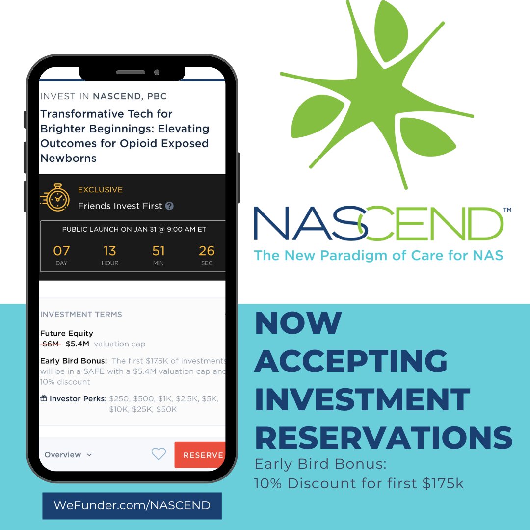 The countdown is on! ⏰ Reserve your investment today for 10% discount on first $175k. Visit our WeFunder page at wefunder.com/nascend for more. #MaternalSUD #EquityCrowdfunding #SUD #PrenatalExposure #InvestinInnovation #FemaleFounder #Technology #Healthcare #BCorp #PBC