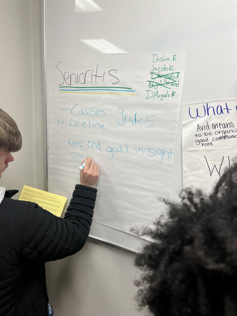 AVID 12 did a Jigsaw activity on Senioritis. Read articles, made groups to debrief, then created anchor charts to combine their learning and thoughts. Identifying ways to finish out HS on a positive note! <a href="/WaukeshaNorth1/">Waukesha North HS</a> <a href="/AVID4College/">AVID</a> #SlayingSenioritis