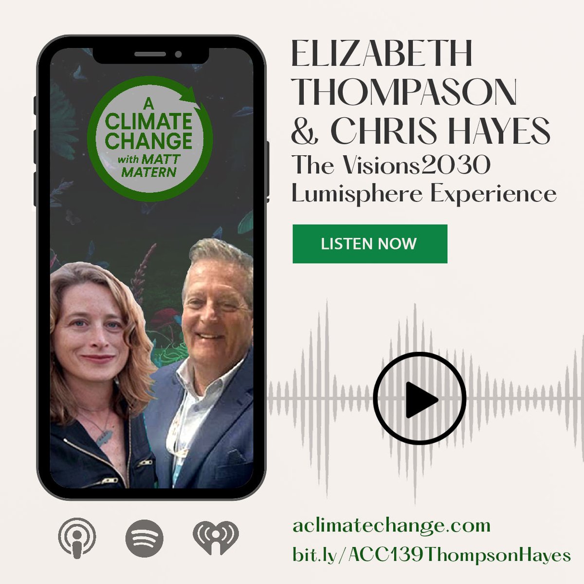 ✨ Join Matt Matern, Chris Hayes, and Elizabeth Thompson, from Visions2030, on an inspiring journey through the Lumisphere experience! 🌿 Immerse yourself in this incredible project addressing climate anxiety and promoting positive climate action. aclimatechange.com/shows/139-visi…