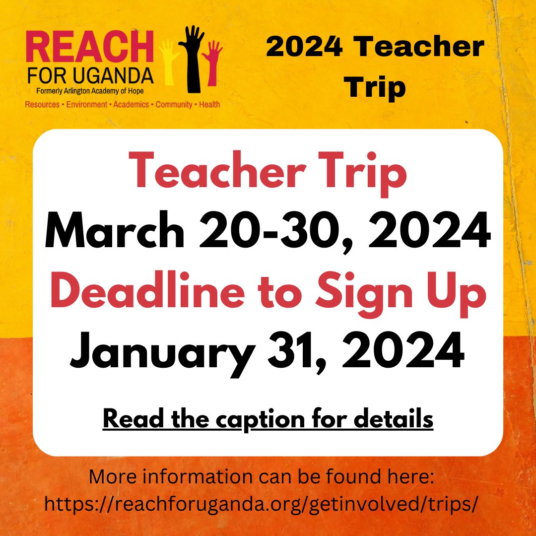 Teachers and Future Educators, this one is for you! The deadline to sign up for our Teacher Trip is coming up on 1/31. Travelers can expect to be heavily involved in teaching workshops with both students and teachers in our schools in Uganda.

Learn more: reachforuganda.org/getinvolved/tr…