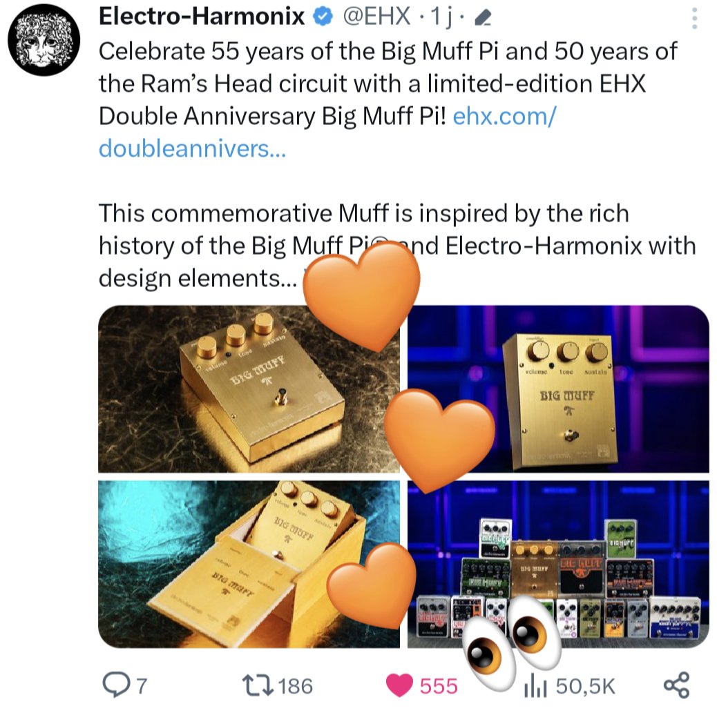 VillareloD's tweet photo. @EHX Such a beautiful release, with the original design and a very elegant presentation. So well though by the people at @EHX. Thanks!. 

I can't stop thinking that my "love" to your post was the number 555, it must mean something 🤯 https://t.co/LdkBRYHRIP