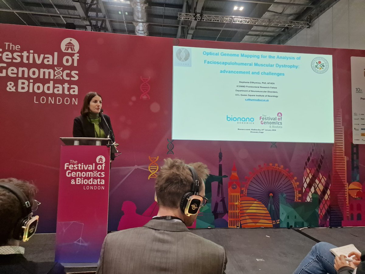 Stephanie Efthymiou, @ICGNMD research fellow from our lab presenting her talk today at the Festival of Genomics & Biodata 2024 on “Optical Genome Mapping in FSHD: Advancements & Challenges”, sponsored by @bionano #FOG2024 @UCLIoN @UCLBrainScience @FLGenomics @E_Bugiardini