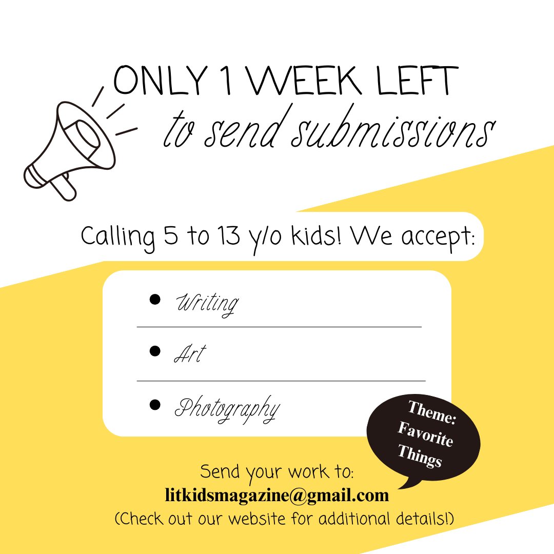 Start the countdown! Only 1 week to go!
Keep shining! ✨
#WritingCommunity #writers #authors #artists #photography #kidlit #parents #emag #submissionsopen #forkidsbykids