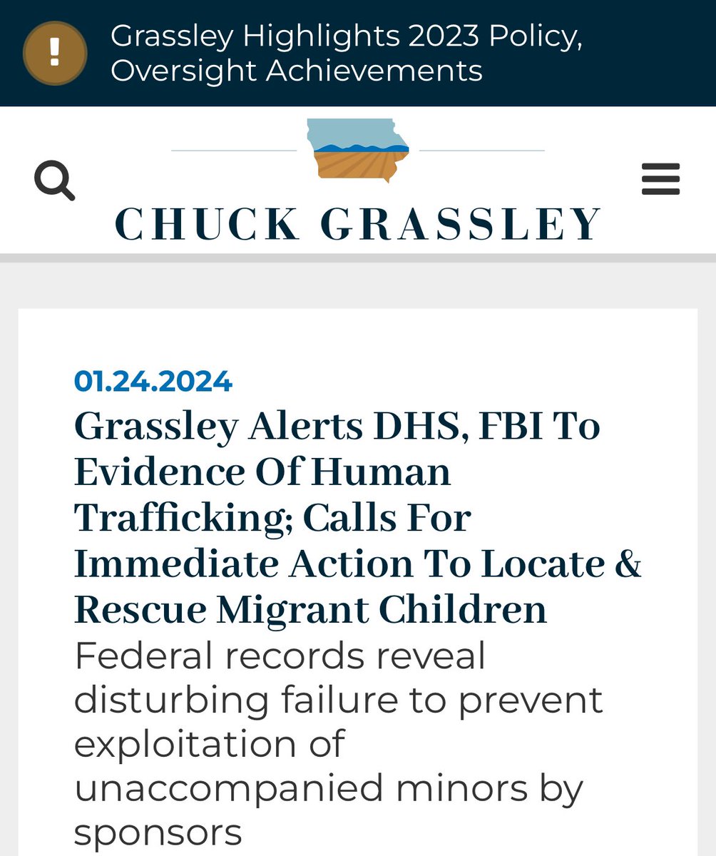 BREAKING: Grassley Alerts DHS, FBI To Evidence Of Human Trafficking; Calls For Immediate Action To Locate & Rescue Migrant Children! Sen. Chuck Grassley (R-Iowa) is flagging new evidence of suspected trafficking of migrant children for federal law enforcement agents, and…