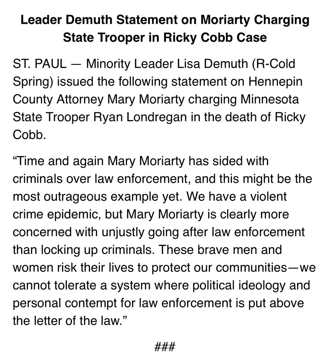 lizcollin's tweet photo. JUST IN: @LisaDemuthMN issues statement after @MaryMoriarty decision to charge state trooper.

“These brave men and women risk their lives to protect our communities—we cannot tolerate a system where political ideology and personal contempt for law enforcement is put above the letter of the law.”