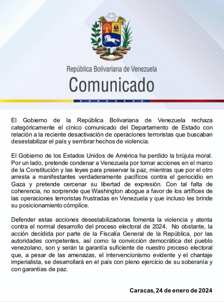 <a href="/VTVcanal8/">VTV CANAL 8</a> <a href="/antvvenezuela/">ANTV Venezuela</a> <a href="/PartidoPSUV/">PSUV</a> <a href="/NicolasMaduro/">Nicolás Maduro</a> <a href="/JRioboVTV/">Julio Riobó VTV</a> La doble moral del gobierno de EEUU a través del departamento de estado salen en defensa de los terroristas que desde la CIA y la DEA promueven y financian para derrocar al gobierno del Pdte <a href="/NicolasMaduro/">Nicolás Maduro</a>, no dicen nada del genocidio y masacre a Palestina