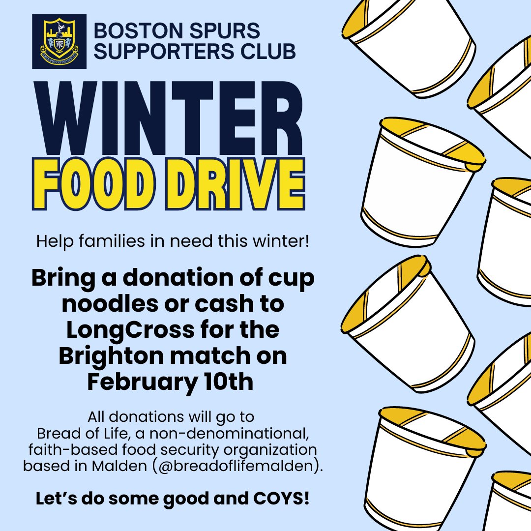 thfcboston's tweet photo. WINTER FOOD DRIVE! Help families in need by bringing a cup of noodles or some cash to @longcrossbar1 for the February 10th match against Brighton. All donations will go to Bread of Life, a non-denominational, faith-based food security organization! https://t.co/kXUdBiAEre