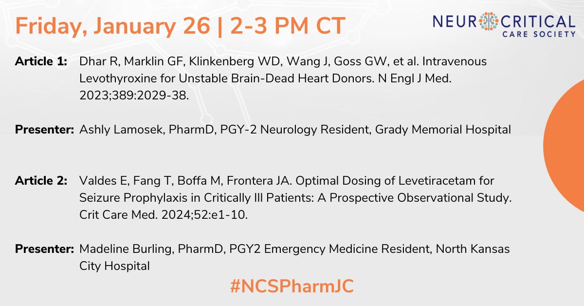 Join us this Friday for the next NCS Pharmacy Section Journal Club! Chat with your colleagues about the latest research using #NCSPharmJC. Log in to your NCS account to access the articles and Zoom link: ow.ly/7WXB50QucCx @karenccrx @AbdallaTweet