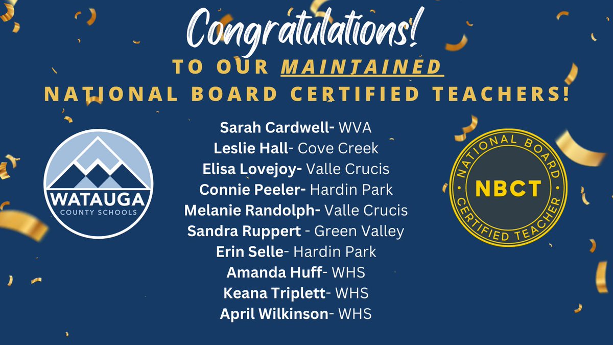 WataugaSchools's tweet photo. It's Day 3 of #TeamNBCT week!
Check out our TEN educators who maintained their #NBCTStrong status! 🎉 

Please help us celebrate this tremendous accomplishment with them. Congratulations to maintained NBCT educators! 👏🏻 
#WataugaNBCT #TeamNBCT #NBCTStrong #WeAreWatauga https://t.co/8TAl3j3AGK