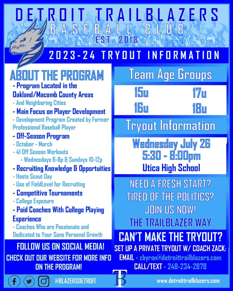 Due to a few injuries, the Detroit Trailblazers Baseball Club 16u team is looking to add 1-2 players to their roster. 

Team details are attached in the flyer. 

Please contact Club Director Zack Byron at 248-234-2878!