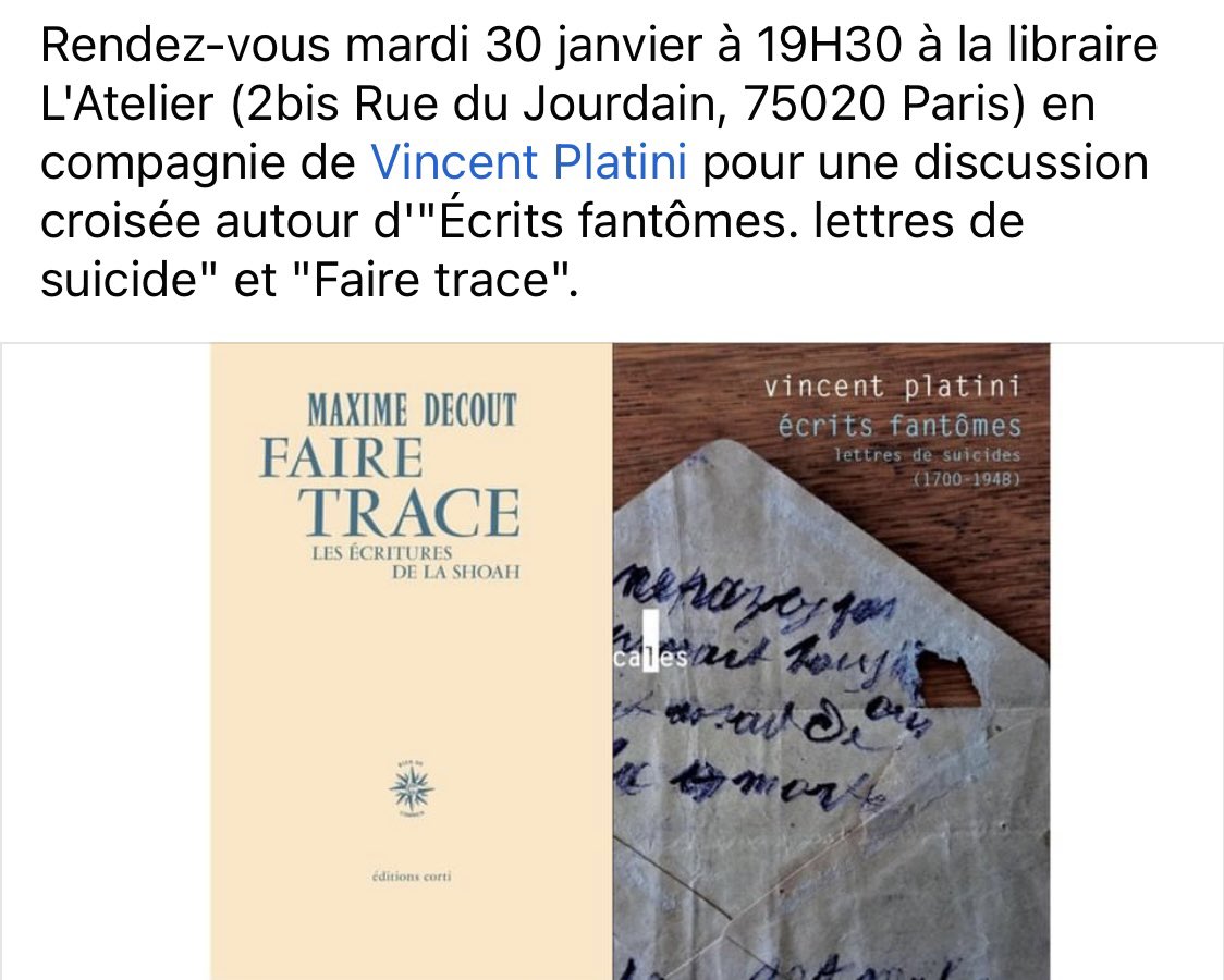 SeveLaure (@sevelaure) on Twitter photo éditions corti
MARDI 30 JANVIER 2024 À 19:30
L'écriture comme effacement avec <a href="/DecoutMaxime/">Decout Maxime</a> et #VincentPlatini
Évènement de Librairie | Atelier éditions corti
MARDI 30 JANVIER 2024 À 19:30
L'écriture comme effacement avec <a href="/DecoutMaxime/">Decout Maxime</a> et #VincentPlatini
Évènement de Librairie | Atelier