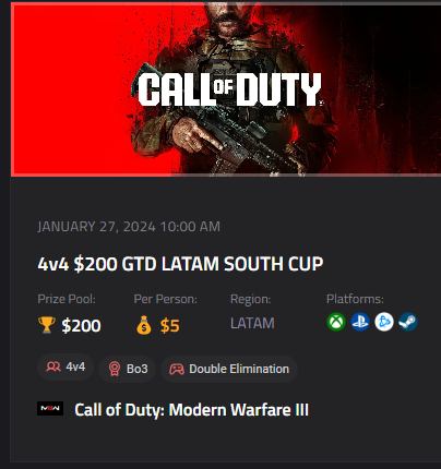 ⚔️4v4 $200 GTD LATAM NORTH/SOUTH CUP⚔️

🏆$200 GUARANTEED

📅Sat Jan 27, 1:00PM EST

📒EsportsAgent Rules (Cams On Request)

🚨NORTH CUP: esportsagent.gg/tournament/139…
🚨SOUTH CUP: esportsagent.gg/tournament/139…