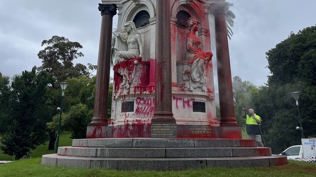Two colonial statues in Melbourne vandalized on the eve of Australia Day. The statue of Captain Cook in St Kilda, Melbourne was toppled overnight with 'The colony will fall' spray painted on its base. The Queen Victoria statue in Melbourne CBD was covered in red paint.