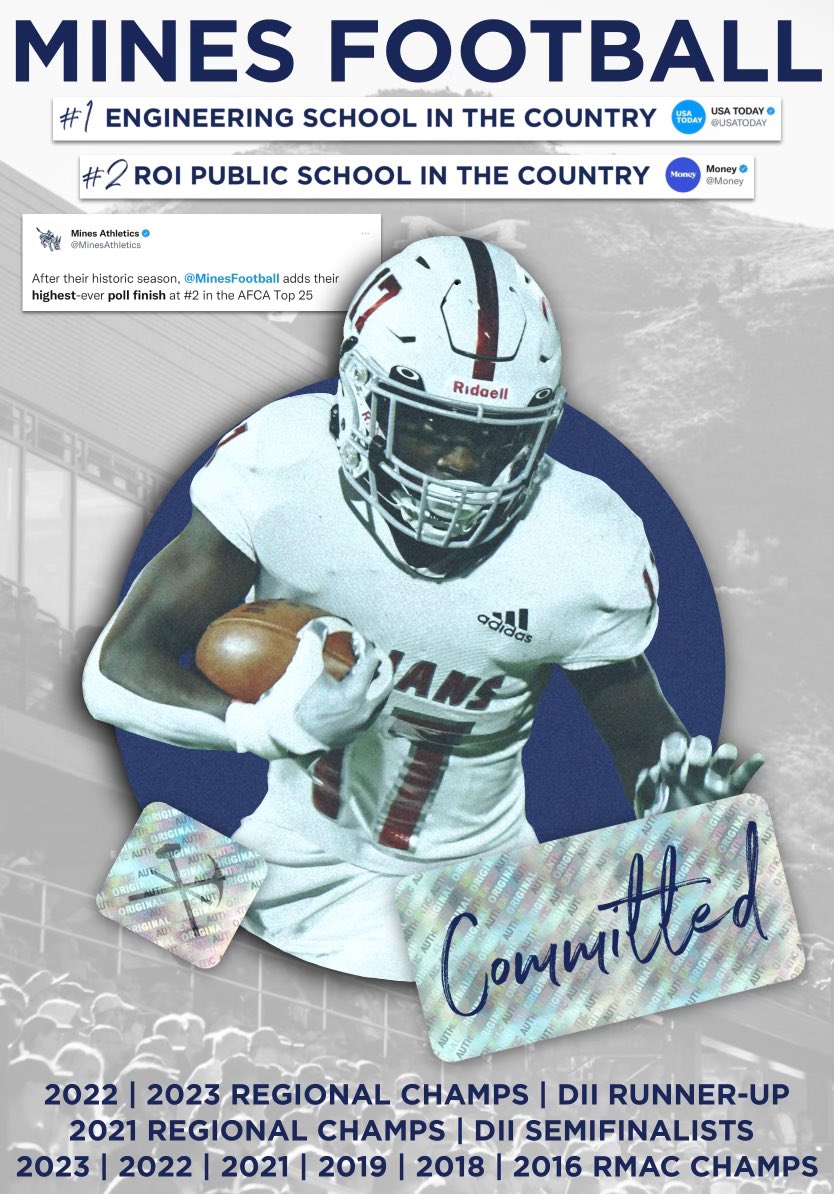 After an amazing visit, I’m beyond blessed to announce my commitment to @coschoolofmines to be a part of @MinesFootball. AGTG, and thank you to everyone who has helped me on this incredible journey! @CoachAndySims @CoachDiedrick @CGrinsteadCSM @coach_sterbick @PHTrojansFB