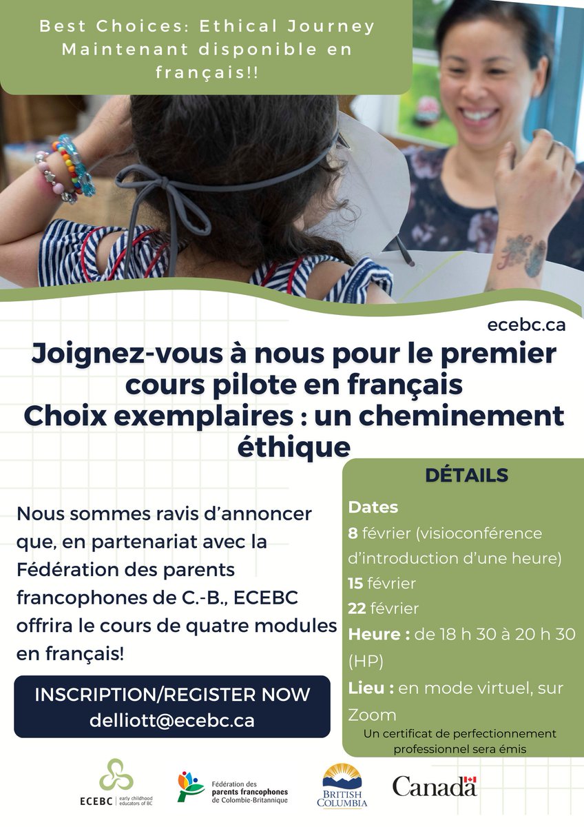 Best Choices Ethical Journey in French! In collaboration with the Fédération des parents francophones de C.-B. ECEBC is excited to announce this new pilot course. For more information and to register follow the link below. ecebc.ca/profess.../bes…