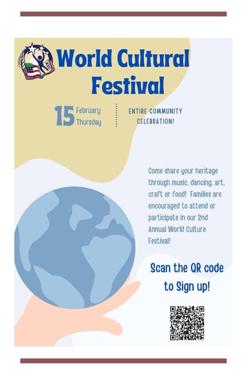 MrsVMart's tweet photo. Excited about our upcoming  school district World Culture Festival! Feb. 15🌎 #CommunityUnity #CultureFestival  @NHTSCHOOLS @NHUESPTO @EndeavourJBMDL @cblambpto @wawryk_april @helenpaynehp https://t.co/DMX4y0gJHD