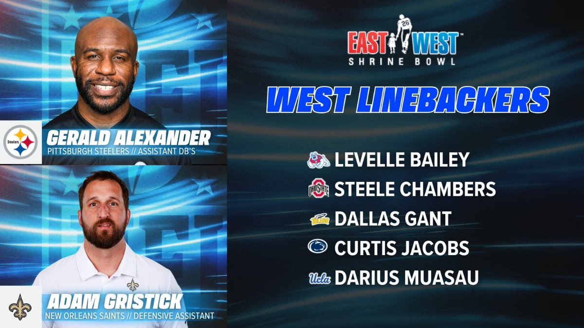 😤 Here's a look at the WEST LBs coached by Gerald Alexander (@GAlexander21) from the @steelers and Adam Gristick (@coachGristick) from the @Saints! 💫 @LevelleBailey6 💫 @steeleC22 💫 @dallas_gant 💫 @CurtisUpNext23 💫 @Dariusmuasau53 #ShrineBowl | #NFL
