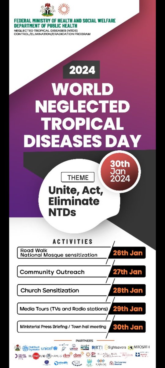 Here are the activities to mark the 2024 World NTD day. We do hope you will join us as we unite and act to eliminate NTDs in Nigeria.
<a href="/Fmohnigeria/">Federal Ministry of Health, NIGERIA</a>
<a href="/TheENDFund/">The END Fund</a>
<a href="/WHONigeria/">WHO Nigeria</a> 
<a href="/MITOSATH/">𝑿𝑹𝑷 𝗡𝗼𝘁𝗶𝗳𝗶𝗰𝗮𝘁𝗶𝗼𝗻</a> 
<a href="/Sightsavers/">Sightsavers</a> 
<a href="/CarterCenter/">The Carter Center</a> 
<a href="/cbmWorldwide/">CBM Christian Blind Mission</a>