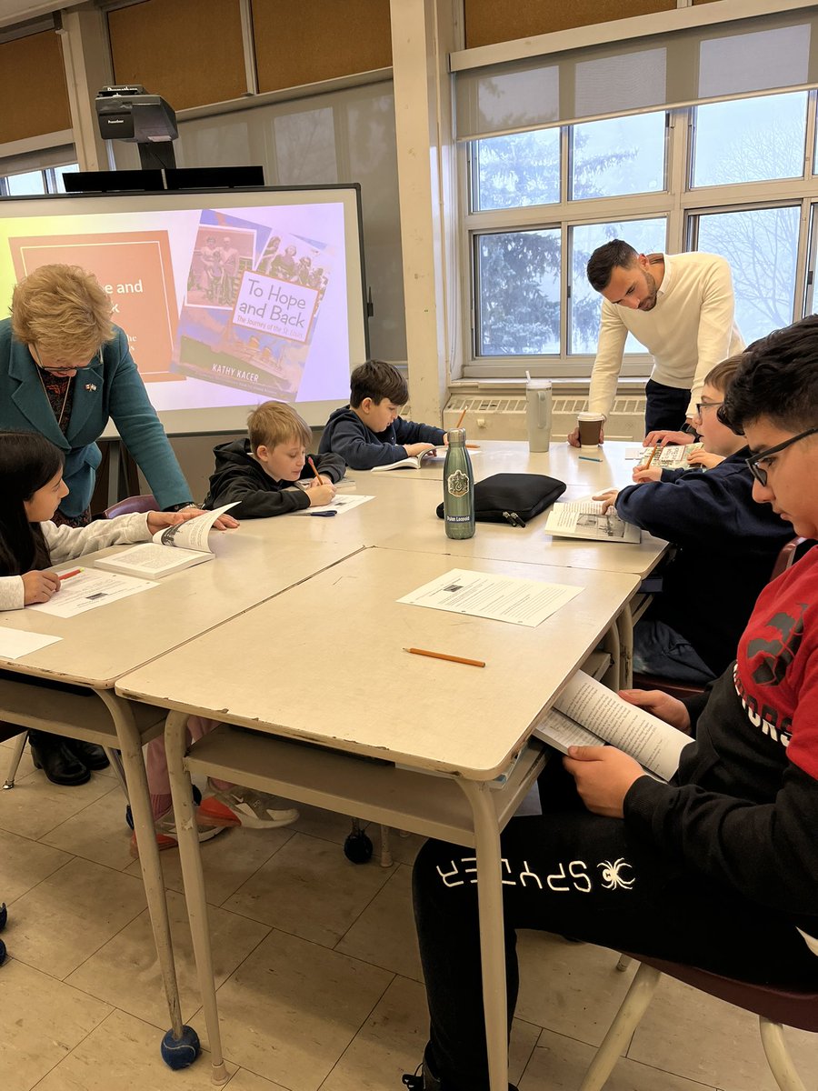 LedburyParkTDSB's tweet photo. What an honour it was to host Minister @Sflecce author @KathyKacer MPP @RobinMartinPC and  @shelleylaskin @tdsb_lc1_cap @rchernoslin  Liberation 75 and Shari Schwartz-Maltz to connect with our grade 6/7 students around the book #tohopeandback as part of #holocausteducation https://t.co/kEjYZj3wen