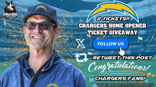 TICKET GIVEAWAY! 🎉🙌CHARGER FANS!!!! Jim Harbaugh is your new football coach! To celebrate CFB-Dawgs is giving away 2x season opener tickets to the Chargers game! Follow us and Retweet to be entered! Rules and conditions apply! #harbaugh #coachingrumors #harbaugh…
