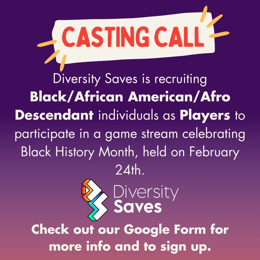 Upcoming Stream Casting Call!
On February 24th we are celebrating Black History Month with a game featuring a Black/African American/Afro-Descendant cast and we are looking for players!

If you would like to join us, sign up using our form below:
forms.gle/vUzde1Qy1qMXcX…