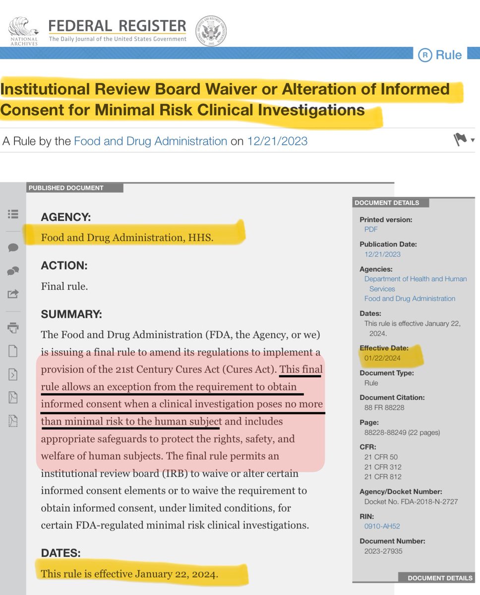 JoshWalkos's tweet photo. Just so you know the FDA and HHS made it so that “informed consent” could be waived by IRB’s. The new rule went into effect two days ago. https://t.co/2z8DMNVMeT