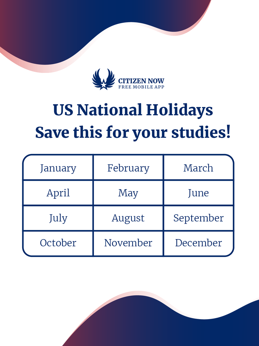 CitizenNowApp's tweet photo. Learn the United States National #Holidays for the #USCitizenshiptet civics questions. Study and learn more with @CitizenNowApp 😉👉 https://t.co/fVUG3DJGDH 

#nationalholidays #usa #greencard #immigration https://t.co/S92pO3N7zV