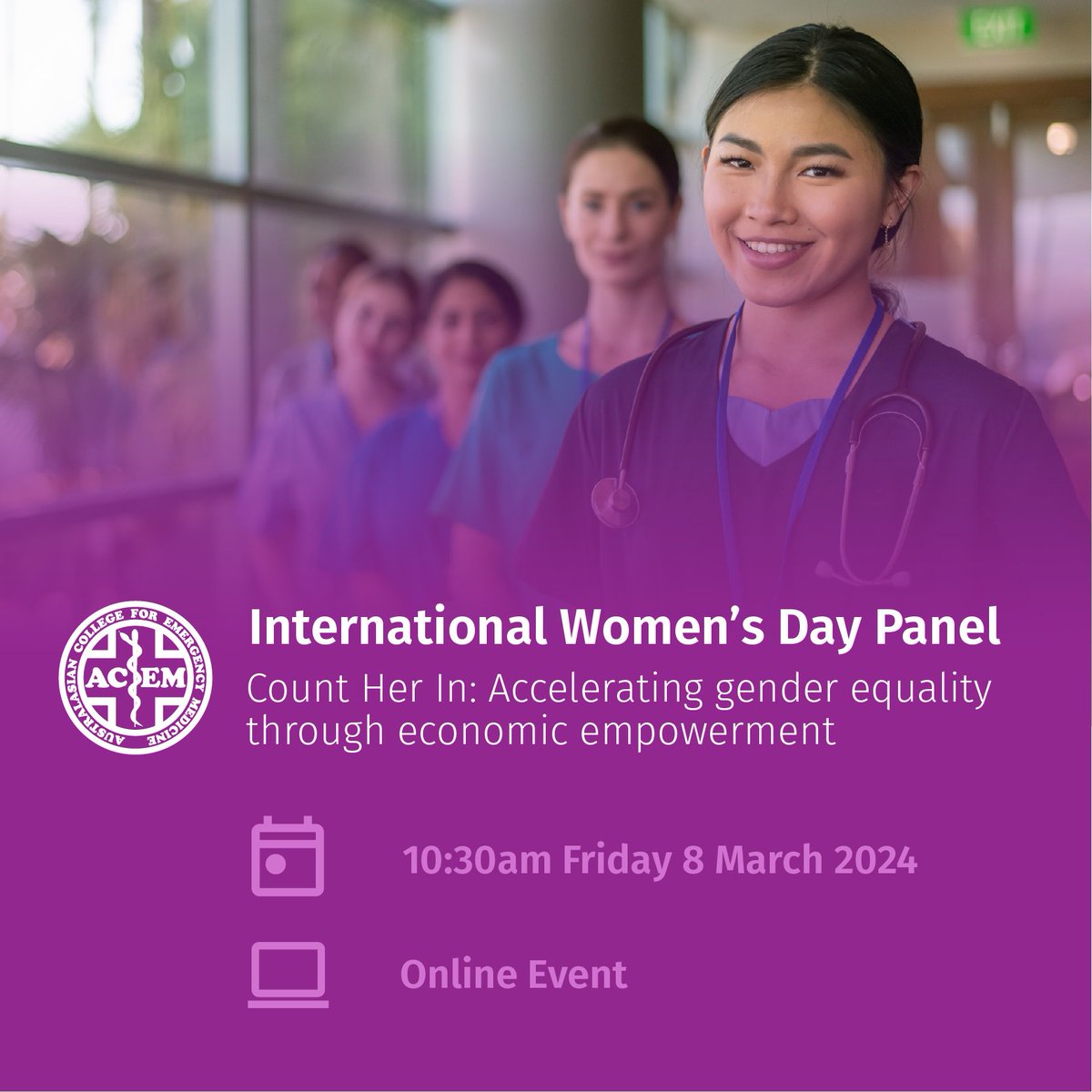 Registrations for this free International Women's Day Panel discussion are now open! Join your emergency medicine peers and explore the theme of Count Her In: Accelerating gender equality through economic empowerment. This event will create a space to discuss, reflect and