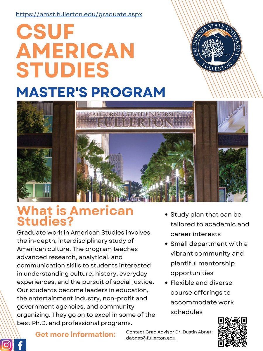 The @CSUF American Studies MA program has helped place our grad students in awesome careers in the arts, business, government, non profits, and incredible PhD programs around the U.S. Happy to discuss with anyone in our small but fabulous dept!