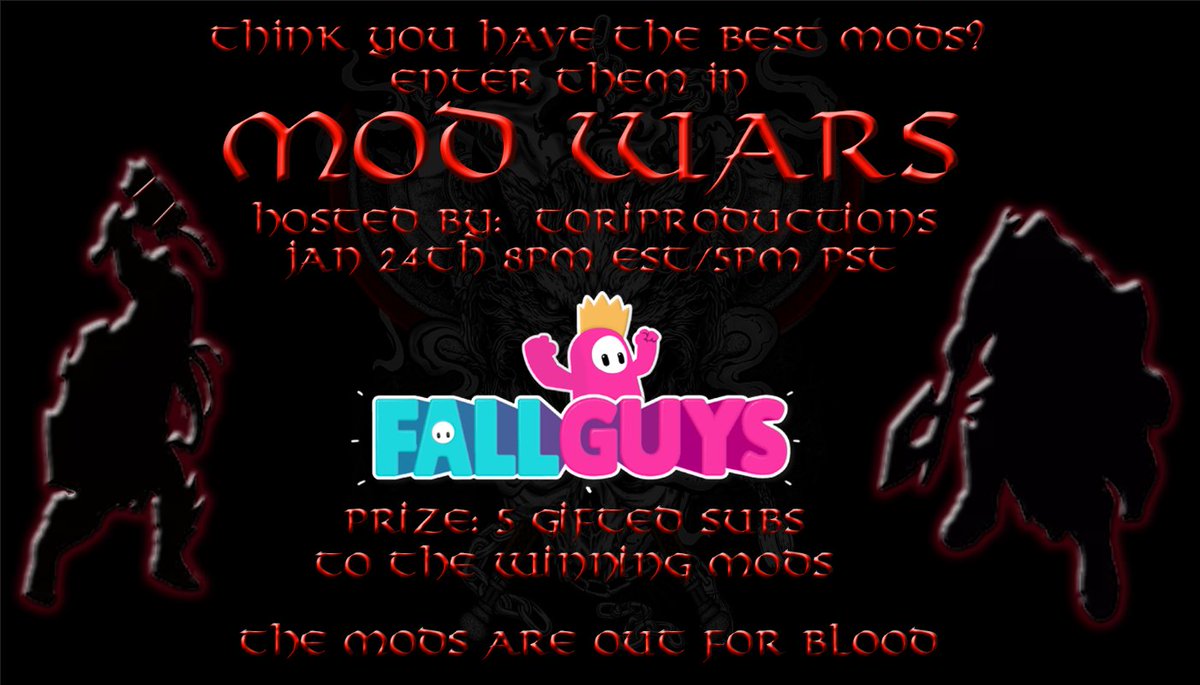 ToriProductionz's tweet photo. We go live in 15 minutes for #MODWARS: Team Chippy v Team Tori. The Shark Tank vs The Soulless Ones. EVERYONE is welcome to come play @FallGuysGame with us, and there WILL be an announcement made during the event concerning Team Chippy.

I'll see you all at 8pm EST. https://t.co/b1jI0IRkRc