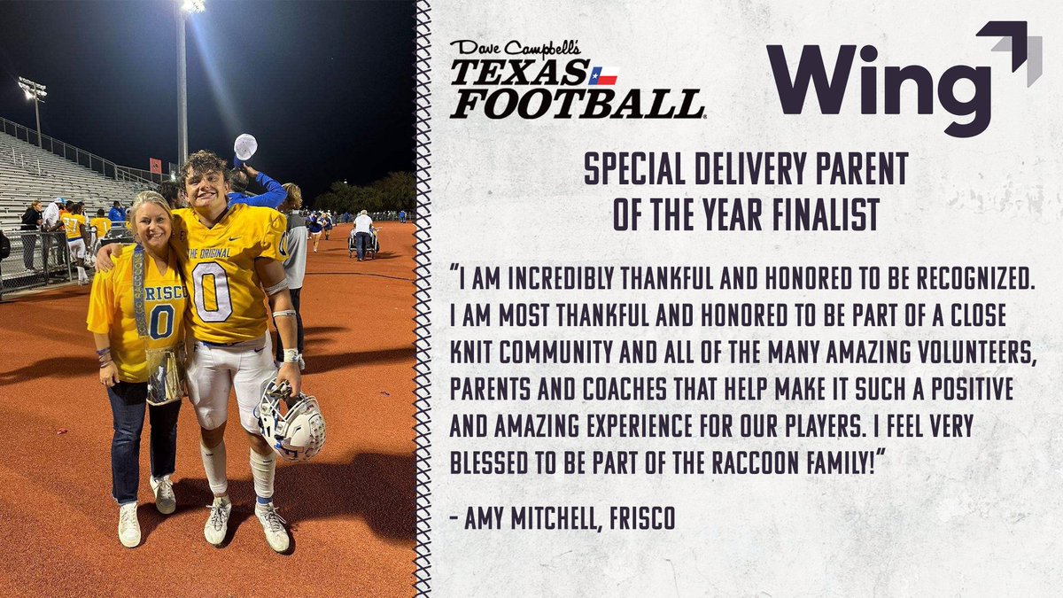 Vote for our Special Delivery Parent of the Year Award presented by <a href="/Wing/">Wing</a>!

Voting = UNLIMITED through Friday 2/9, so vote early and vote often!

Our next nominee is Amy Mitchell from <a href="/FHSRACCOONFB/">FRISCO HS FOOTBALL</a>!

<a href="/FHSRaccoons/">Frisco High School</a> <a href="/FriscoHSSports/">Frisco High Athletics</a> | #dctf #txhsfb 

🔗: texasfootball.com/special-delive…