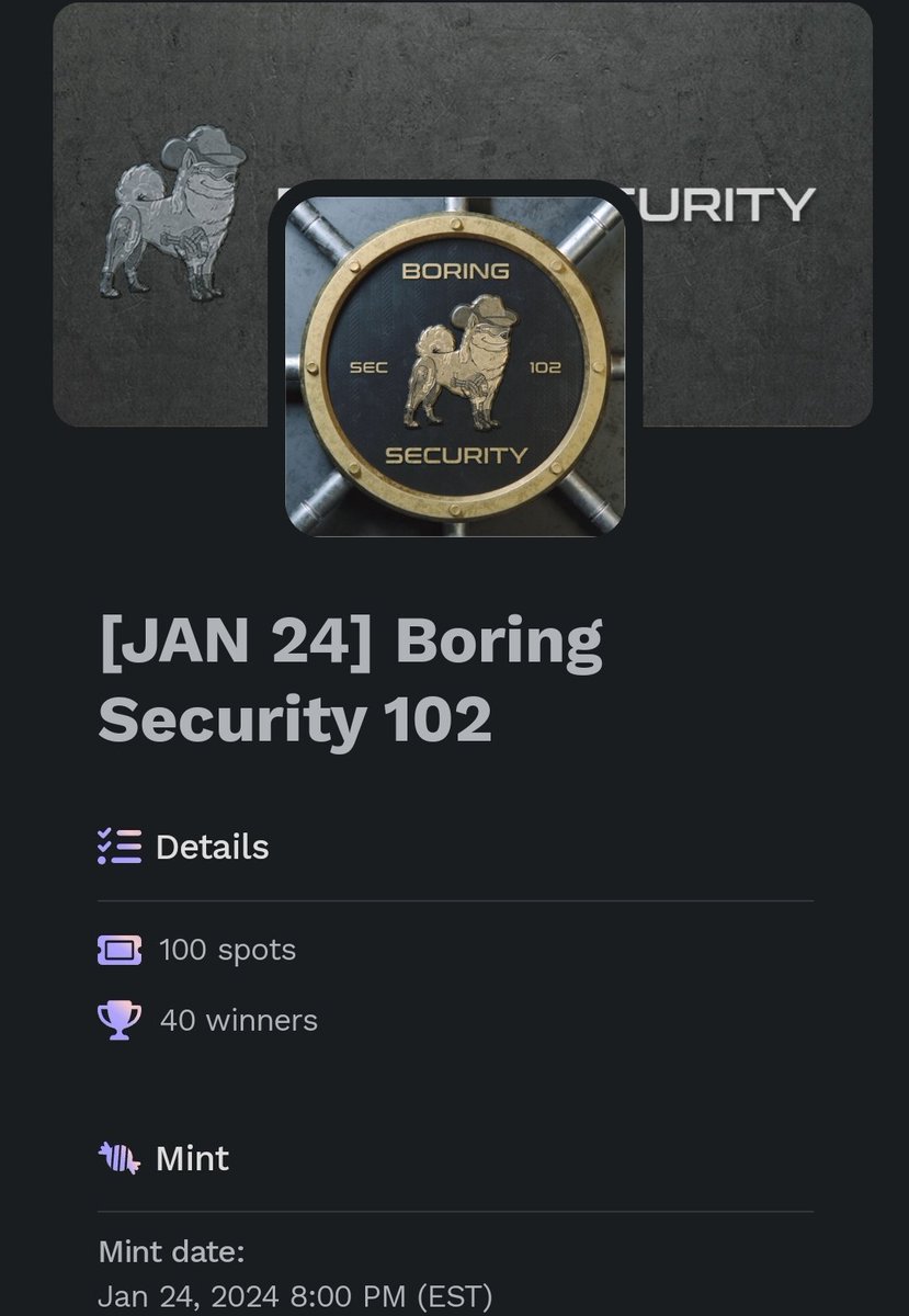 See everyone soon!
Class starting in 8 mins.

<a href="/BoringSecDAO/">Boring Security</a>
<a href="/0xQuit/">Quit</a>
<a href="/Feld4014/">FΞLD | mrbayc.eth</a>