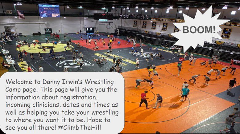 DannyIrwinWC's tweet photo. Welcome to Danny Irwin’s Wrestling Camps page information will be out shortly about how you can sign up and have the best summer yet! #ClimbTheHill #BOOM https://t.co/IfDUtg39Ey