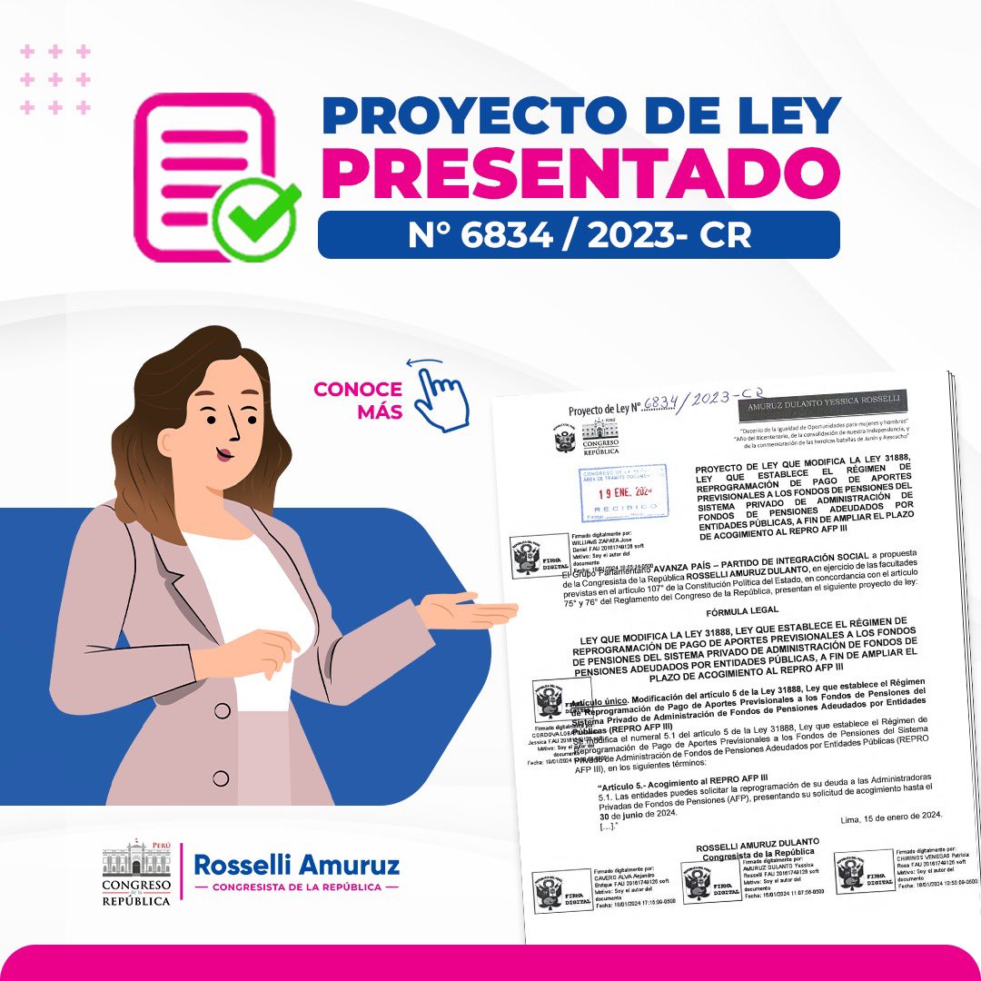 RosselliAmuruz's tweet photo. 🚨 El Estado tiene una deuda social con cerca de medio millón de trabajadores. El PL de mi autoría presentado ayudará a más de 2000 instituciones públicas en poder cumplir con sus obligaciones hasta #Junio2024 y con ello gozar de los beneficios de la ley 31888

#REPROAFP #RosselliAmuruz