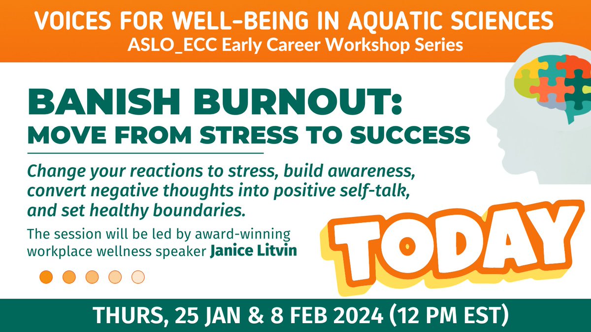 📢 DON'T MISS IT! The #ASLO_ECC Voices for Well-Being webinar is today, 25 Jan, at 12 PM EST. Register now to banish #burnout and learn #stressmanagement and #healthyboundaries: 👉 aslo.org/voices-for-wel… Follow-up, Aftercare Roundtable is on 8 Feb at 12 PM EST #ECR #phdchat