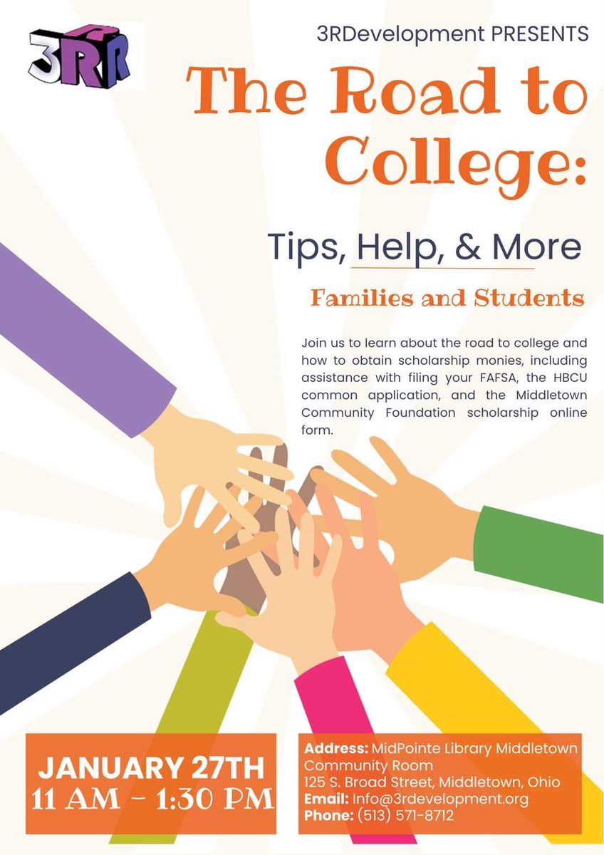 🎓 Learn more about the road to college!  Scholarships, how to file FAFSA, the HBCU common application, &amp; the Middletown Community Foundation scholarship form.

🗓 Sat, Jan 27, 11 - 1:30 p.m.
📍 MidPointe Library System Middletown, in the Community Room.

 #MiddieRising