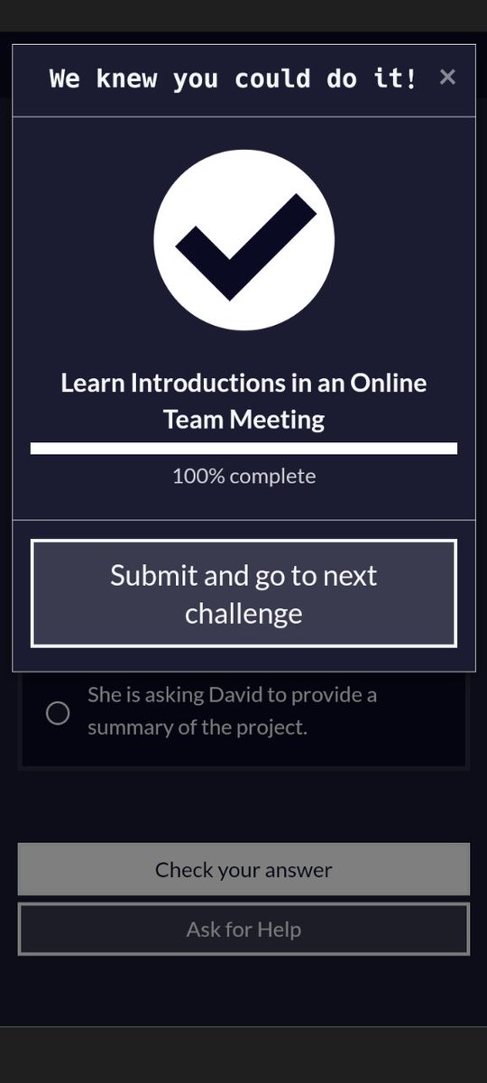 SUMERMULLEN's tweet photo. R3 D29 #100DaysOfCode continued with the A2 English for Developers course
✅ finish the dialogue 4 : A Meeting a client
@freeCodeCamp , Making a 6% progress🥳🥳🥳🥳🥳! https://t.co/gw7CWgEq02