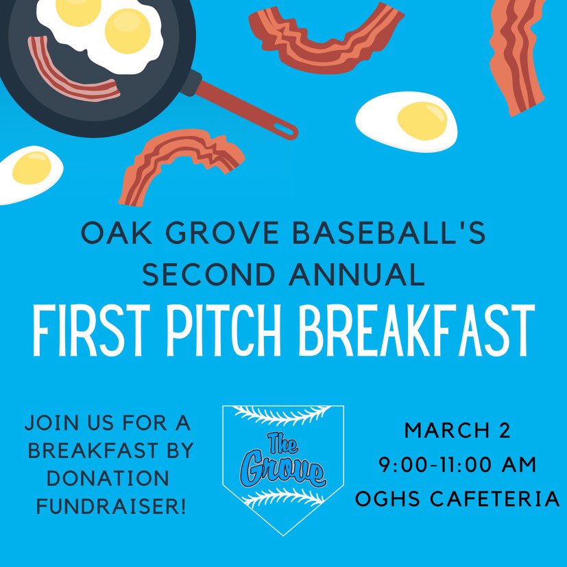 🚨Mark your calendar for the 2nd annual Oak Grove Baseball First Pitch Breakfast!🚨 Come and enjoy breakfast with this year’s team and place your bids on silent auction items to support the Diamond Grizzlies! #BearDown