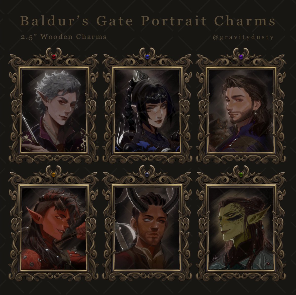 gravitydusty's tweet photo. The end of this #BaldursGate3 group!! I'll be making wooden charms that look like little framed oil paintings and will be opening pre-orders for them once I open my shop soon !!

Most likely will be available as a smaller print set as well 😌 https://t.co/qBhRQ0qyhV