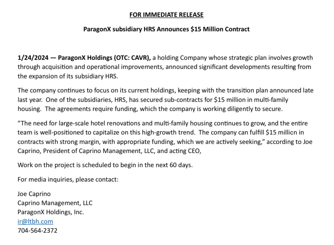 slfairless's tweet photo. $CAVR ParagonX Holdings announced one of our subs secured sub-contracts for $15 million in multi-family
housing. https://t.co/nkf1UDPAo9