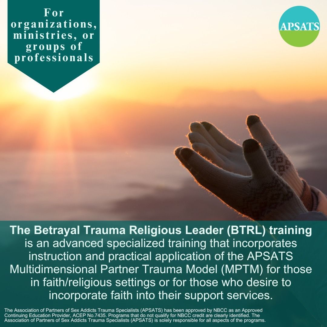 APSATSOrg's tweet image. Dive into the Betrayal Trauma Religious Training (BTRL) Workshop on February 23 from 10 am-12 pm CST. 
Uncover proven steps to support individuals in crisis after infidelity and betrayal. 

apsats.org/APSATS/trainin… 

#religion #empowerment #traumainformed #btrl #onlinetraining