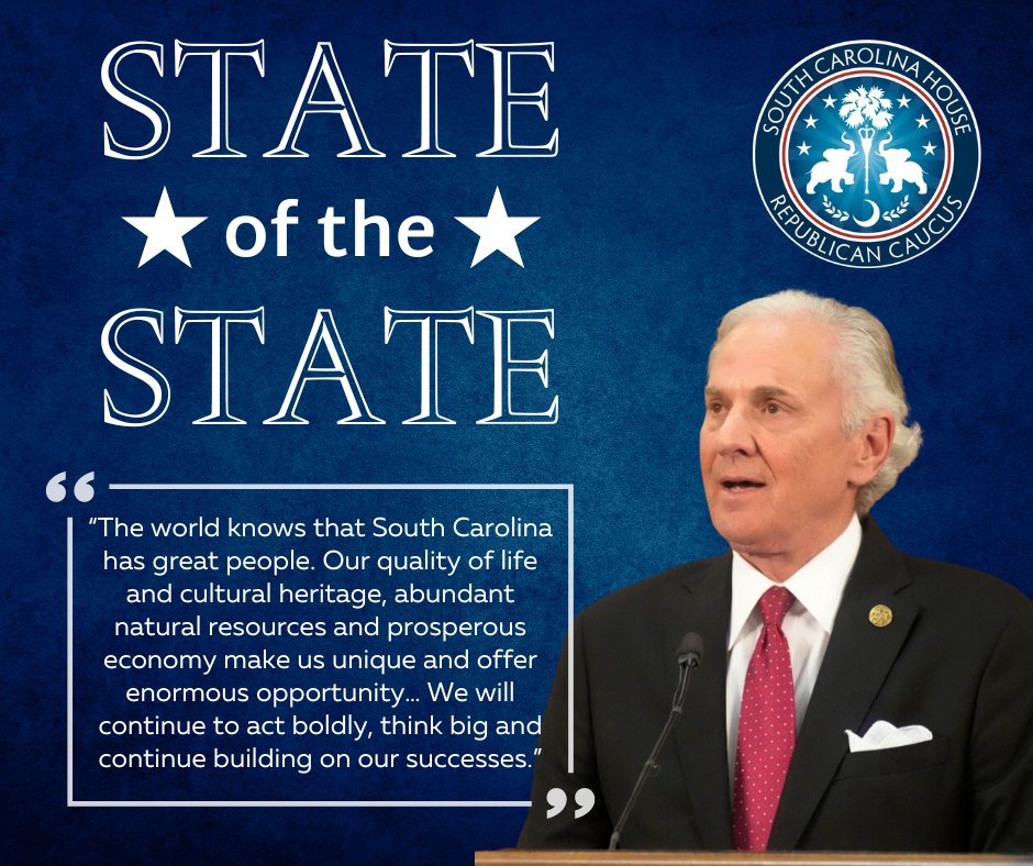 SC House GOP Caucus (@schousegop) on Twitter photo Tonight's State of the State address by Governor <a href="/henrymcmaster/">Gov. Henry McMaster</a> underscored our shared vision for South Carolina's bright future. He celebrated our state's economic triumphs and outlined ambitious plans for healthcare reform, education, and infrastructure. We're inspired by this Tonight's State of the State address by Governor <a href="/henrymcmaster/">Gov. Henry McMaster</a> underscored our shared vision for South Carolina's bright future. He celebrated our state's economic triumphs and outlined ambitious plans for healthcare reform, education, and infrastructure. We're inspired by this