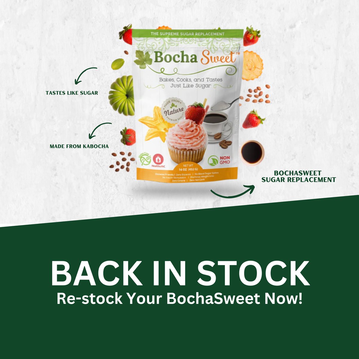 BochaSweet's tweet image. Sweeten your life the healthy way! 🧁 BochaSweet, the supreme sugar alternative made from Kabocha, is back! It's non-GMO, tastes like sugar, and perfect for all your baking needs. Get yours today! #BochaSweet #SugarFreeLiving #BackInStock