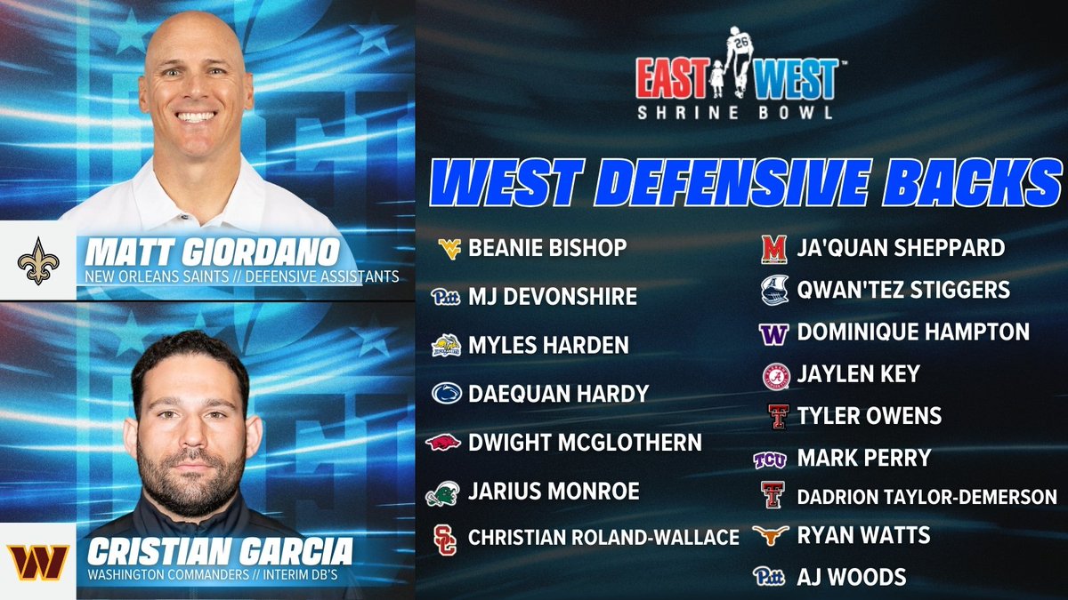 East-West Shrine Bowl (@shrinebowl) on Twitter photo 😤 Here's a look at the WEST DBs coached by Matt Giordano from the <a href="/Saints/">New Orleans Saints</a> and Christian Garcia from the <a href="/Commanders/">Washington Commanders</a>!
💫 <a href="/_sbx2/">Beanie Bishop</a>
💫 <a href="/mjswagg_9/">Mj Devonshire</a>
💫 <a href="/Myles1Harden/">Myles Harden</a>
💫 <a href="/DaequanHardy/">Big DaeDae😈</a>
💫 <a href="/nudiemcglothern/">Dwight McGlothern Jr</a>
💫 <a href="/jayboedagoat/">Jarius Monroe...🗯</a>
💫 <a href="/xhrisroland/">Christian Roland-Wallace</a>
💫 <a href="/Quan813/">Ja’Quan Sheppard</a>
💫 <a href="/hampton_dom/">Dom</a>
💫 <a href="/Jaylen_Key/">Jaylen Key</a>
💫 😤 Here's a look at the WEST DBs coached by Matt Giordano from the <a href="/Saints/">New Orleans Saints</a> and Christian Garcia from the <a href="/Commanders/">Washington Commanders</a>!
💫 <a href="/_sbx2/">Beanie Bishop</a>
💫 <a href="/mjswagg_9/">Mj Devonshire</a>
💫 <a href="/Myles1Harden/">Myles Harden</a>
💫 <a href="/DaequanHardy/">Big DaeDae😈</a>
💫 <a href="/nudiemcglothern/">Dwight McGlothern Jr</a>
💫 <a href="/jayboedagoat/">Jarius Monroe...🗯</a>
💫 <a href="/xhrisroland/">Christian Roland-Wallace</a>
💫 <a href="/Quan813/">Ja’Quan Sheppard</a>
💫 <a href="/hampton_dom/">Dom</a>
💫 <a href="/Jaylen_Key/">Jaylen Key</a>
💫
