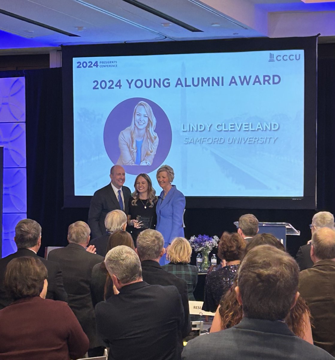cccuorg's tweet photo. Tonight, we were honored to present the 2024 Young Alumni Award to @SamfordU alumna Lindy Cleveland, founder and director of Unless U—a nonprofit providing faith-based education and professional training to adults with developmental disabilities #CCCUPresConf #ChristianHigherEd https://t.co/0EVdFfdx9s