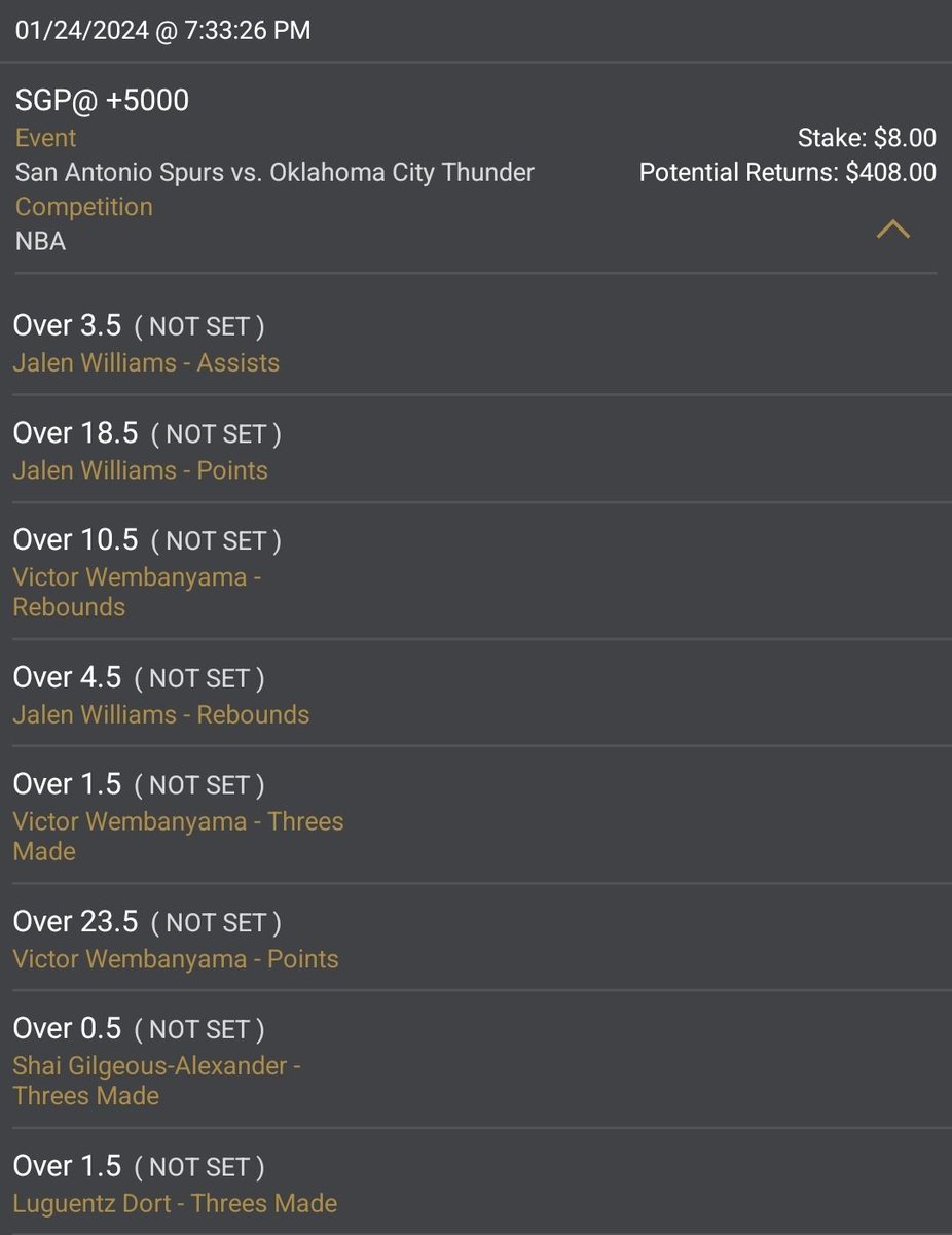 8 Leg Same Game 🎫 💲8 > 💲408
Spurs vs Thunder ⛈️  Let's GO!! 🚀