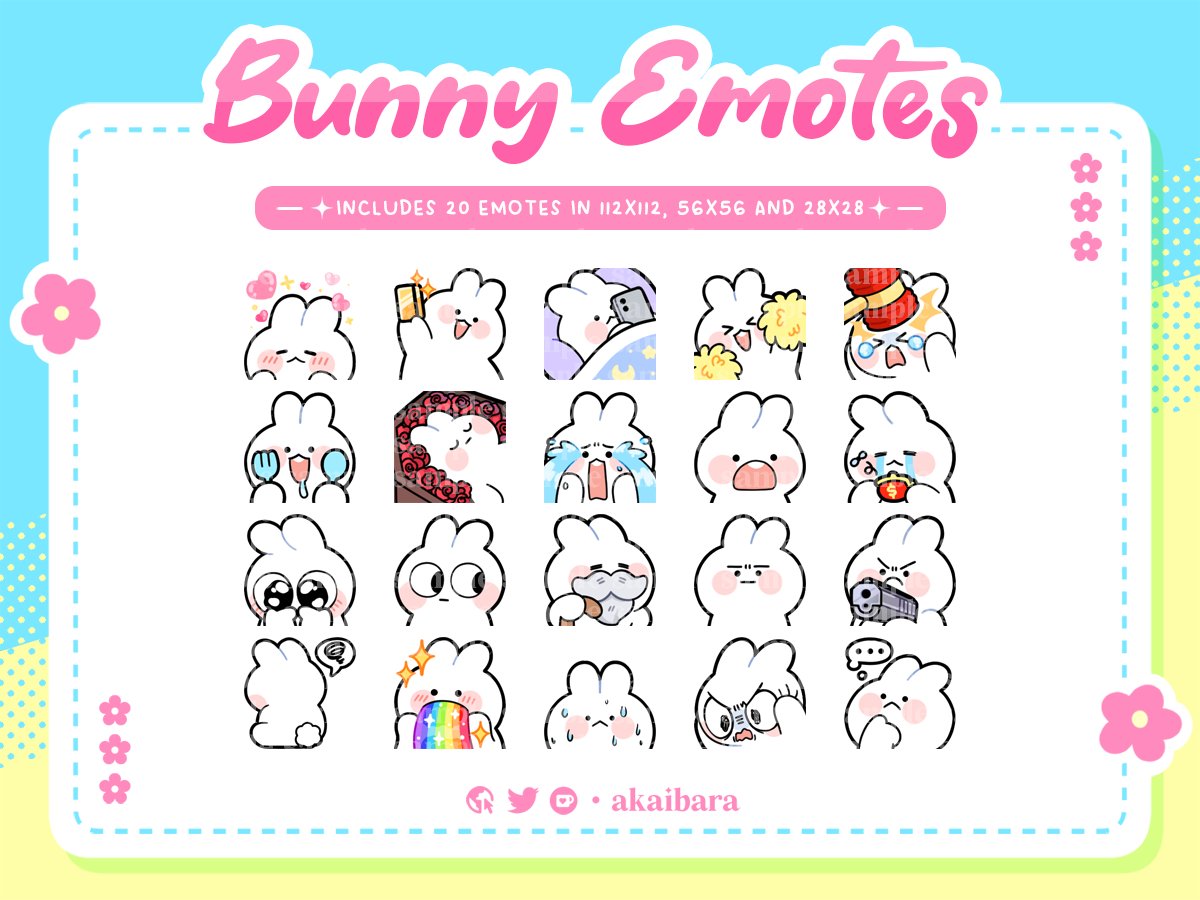 akaibara's tweet image. Funny Bunny Emotes  ‧₊˚✩彡 
────── ⋆⋅☆⋅⋆ ──────  

✦ 20 emotes in 112x112, 56x56, and 28x28 
✦ Also available in brown, black, and pink 
✦ Extra 3 F2U emotes available on Ko-fi 
✦ Shop links in comment below