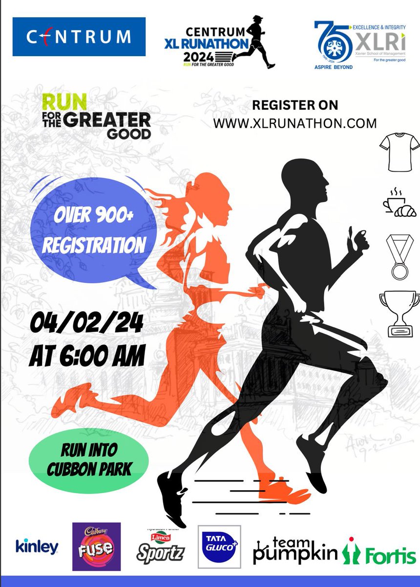 Folks, do join in for the XL Runathon. In Bangalore on 4th Feb. To celebrate 75 years of XLRI. A run to educate. Register at xlrunathon.com/register?benga…
#xlrunathon #xlri #xl75 #runforacause