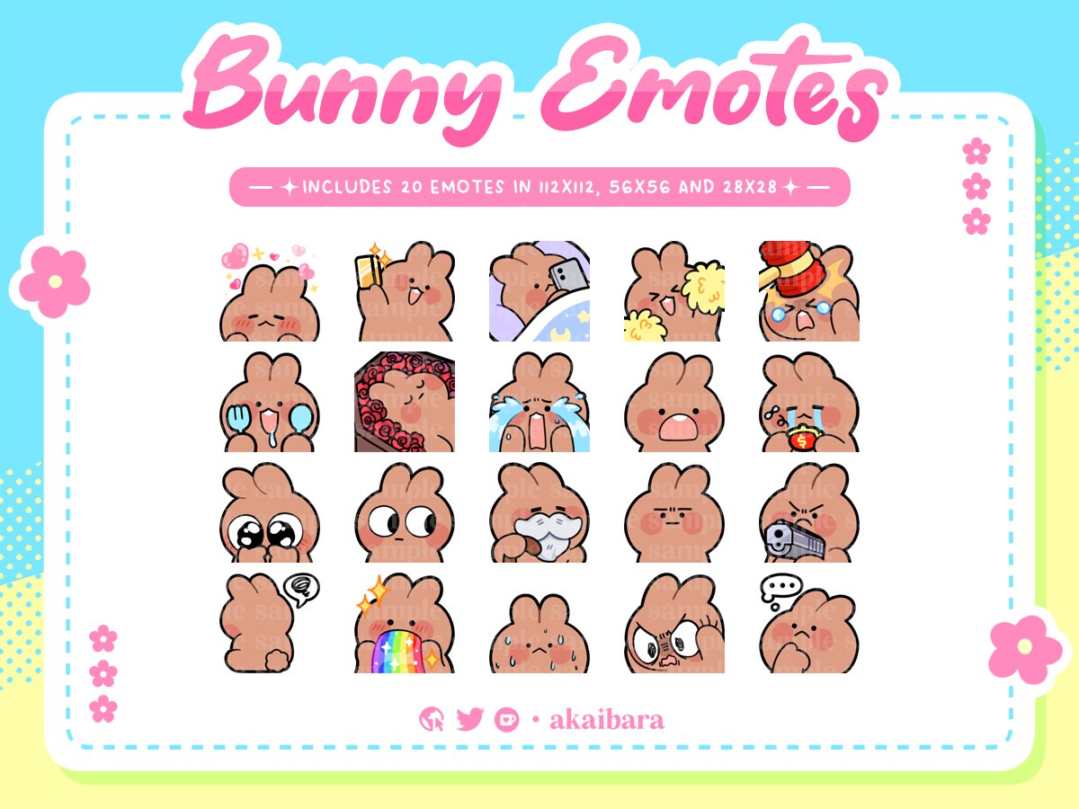 akaibara's tweet image. Funny Bunny Emotes  ‧₊˚✩彡 
────── ⋆⋅☆⋅⋆ ──────  

✦ 20 emotes in 112x112, 56x56, and 28x28 
✦ Also available in brown, black, and pink 
✦ Extra 3 F2U emotes available on Ko-fi 
✦ Shop links in comment below