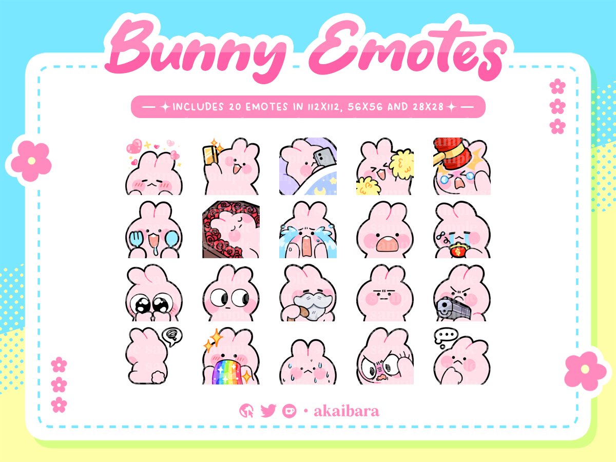 akaibara's tweet image. Funny Bunny Emotes  ‧₊˚✩彡 
────── ⋆⋅☆⋅⋆ ──────  

✦ 20 emotes in 112x112, 56x56, and 28x28 
✦ Also available in brown, black, and pink 
✦ Extra 3 F2U emotes available on Ko-fi 
✦ Shop links in comment below